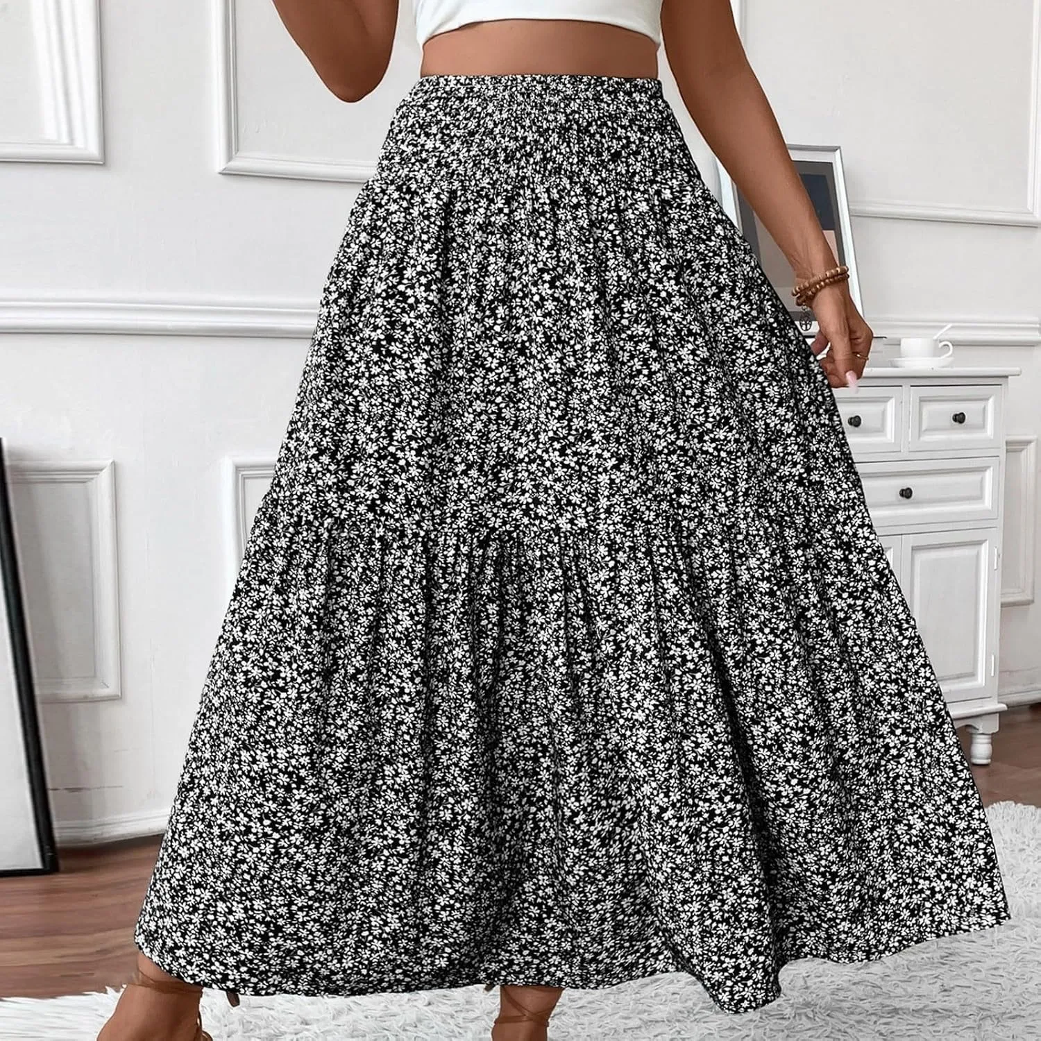 Boho Floral Maxi Skirts Women Elastic High Waist Tiered Pleated Flowy Long Summer Casual Beach Skirt
