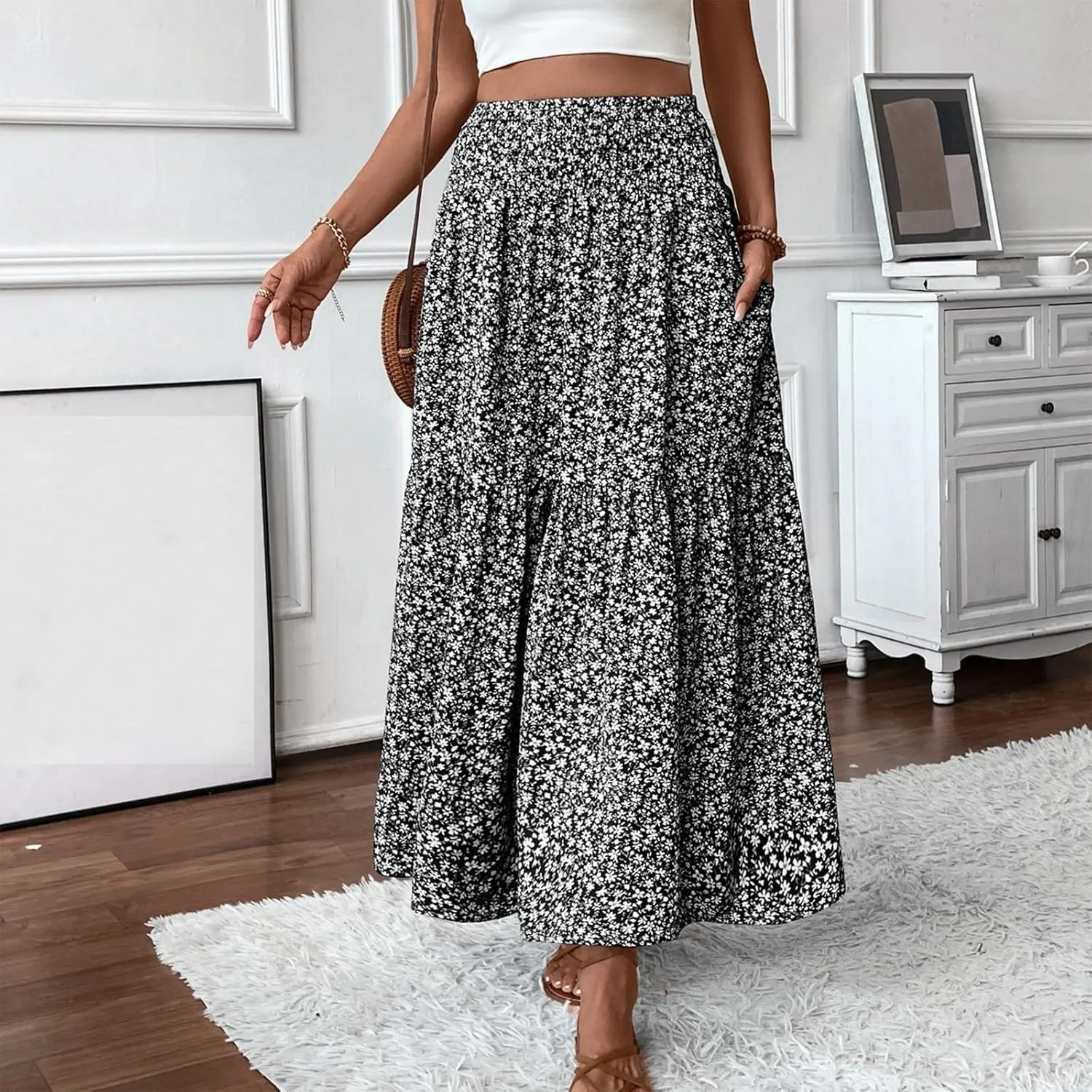 Boho Floral Maxi Skirts Women Elastic High Waist Tiered Pleated Flowy Long Summer Casual Beach Skirt