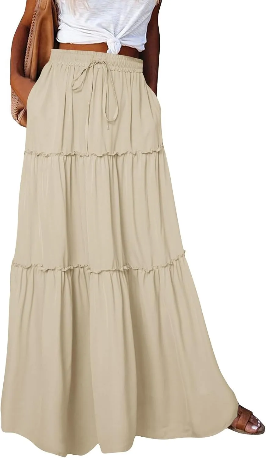 Boho Skirts for Women Pleated Ruffle Flowy Skirt Women's Summer Long Maxi Bohemian High Waist A Line Skirt with Pockets