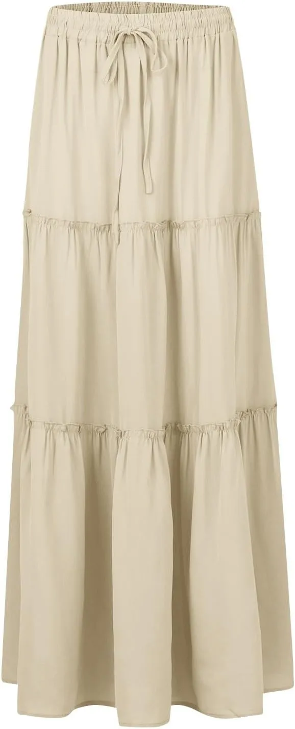 Boho Skirts for Women Pleated Ruffle Flowy Skirt Women's Summer Long Maxi Bohemian High Waist A Line Skirt with Pockets