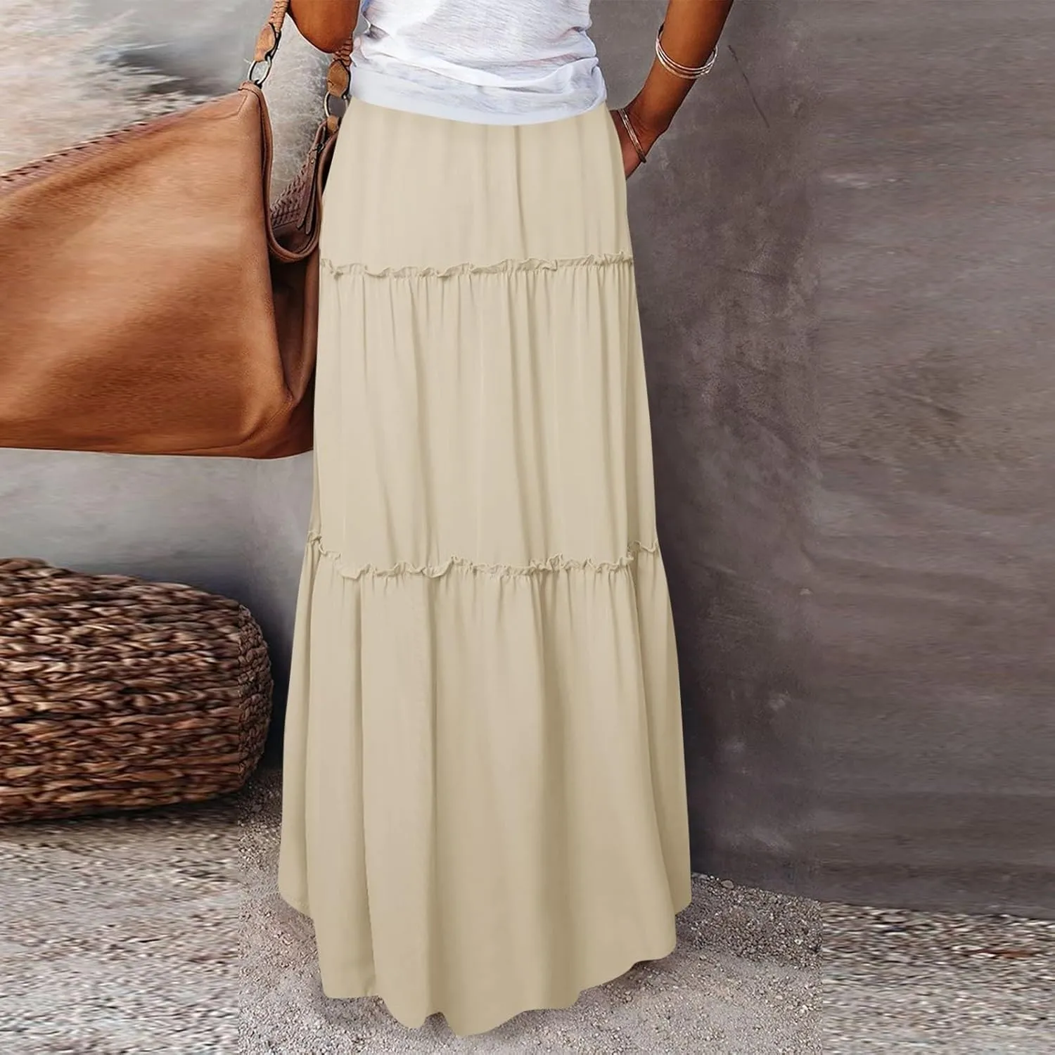 Boho Skirts for Women Pleated Ruffle Flowy Skirt Women's Summer Long Maxi Bohemian High Waist A Line Skirt with Pockets