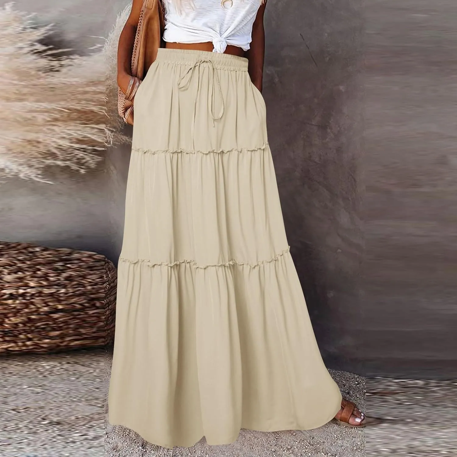 Boho Skirts for Women Pleated Ruffle Flowy Skirt Women's Summer Long Maxi Bohemian High Waist A Line Skirt with Pockets