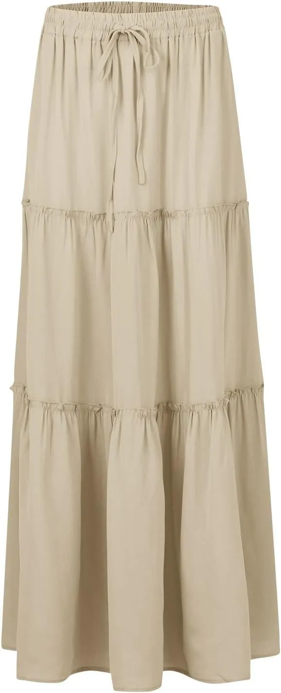 Boho Skirts for Women Pleated Ruffle Flowy Skirt Women's Summer Long Maxi Bohemian High Waist A Line Skirt with Pockets