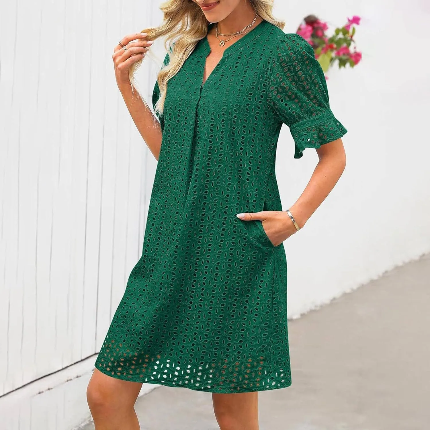 Boho Summer Dresses for Women 2025 Resort V Neck Short Sleeve Hollow Out Lace Ruffle Casual Beach Mini Vacation Dress