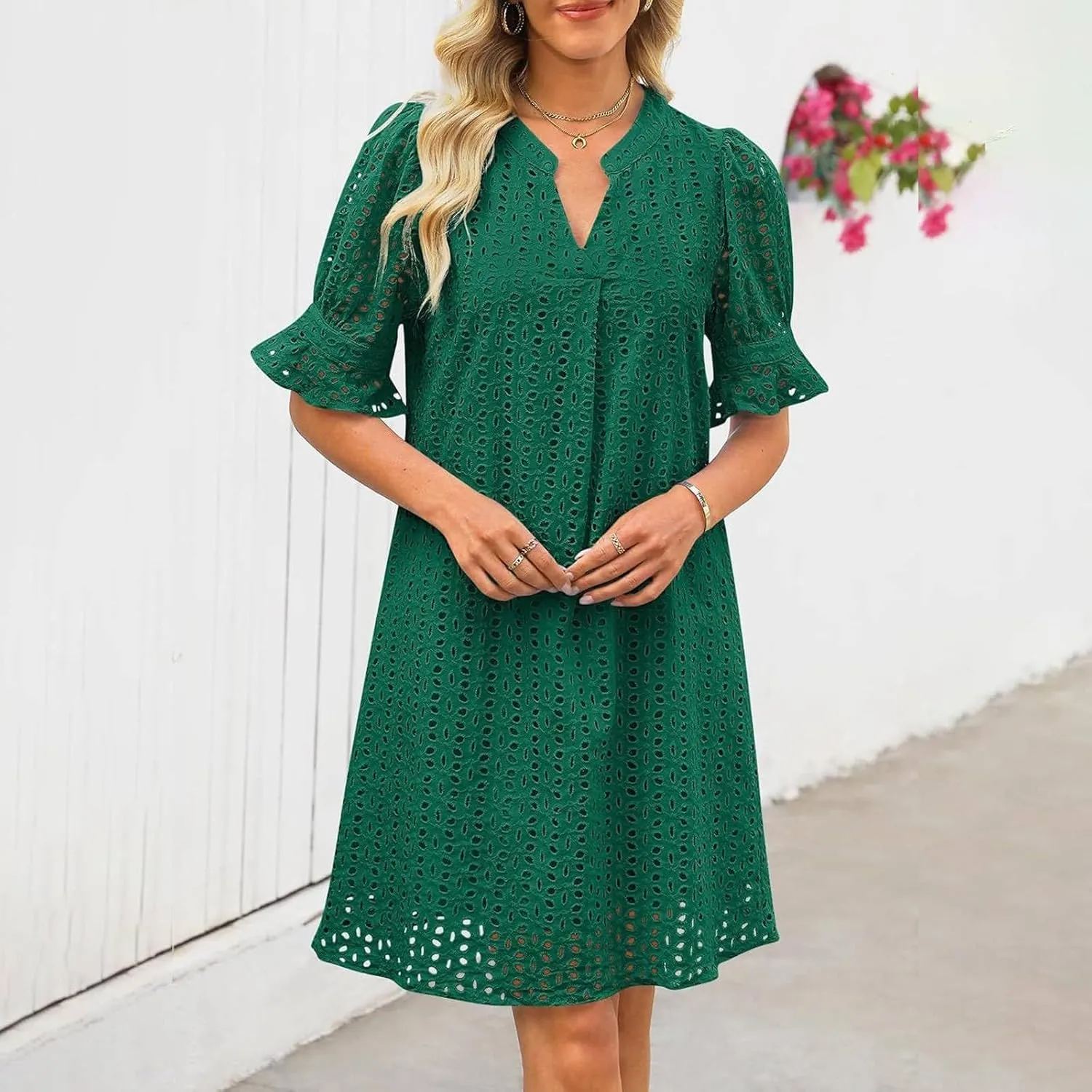 Boho Summer Dresses for Women 2025 Resort V Neck Short Sleeve Hollow Out Lace Ruffle Casual Beach Mini Vacation Dress