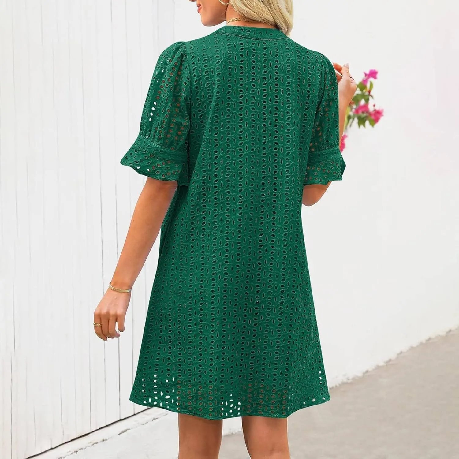 Boho Summer Dresses for Women 2025 Resort V Neck Short Sleeve Hollow Out Lace Ruffle Casual Beach Mini Vacation Dress