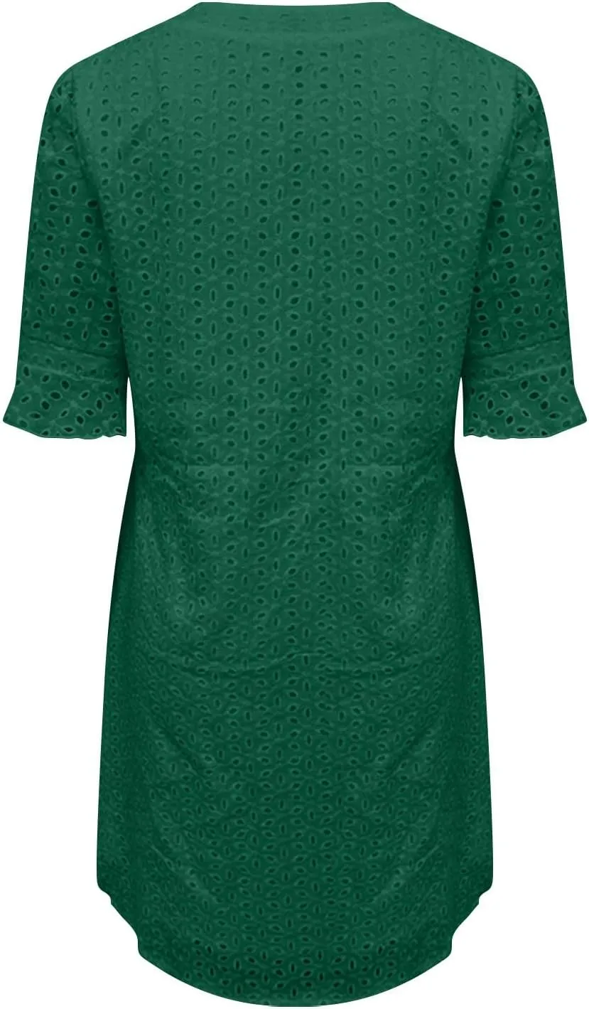 Boho Summer Dresses for Women 2025 Resort V Neck Short Sleeve Hollow Out Lace Ruffle Casual Beach Mini Vacation Dress