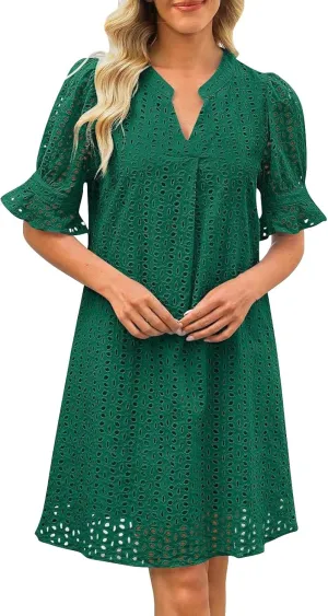 Boho Summer Dresses for Women 2025 Resort V Neck Short Sleeve Hollow Out Lace Ruffle Casual Beach Mini Vacation Dress