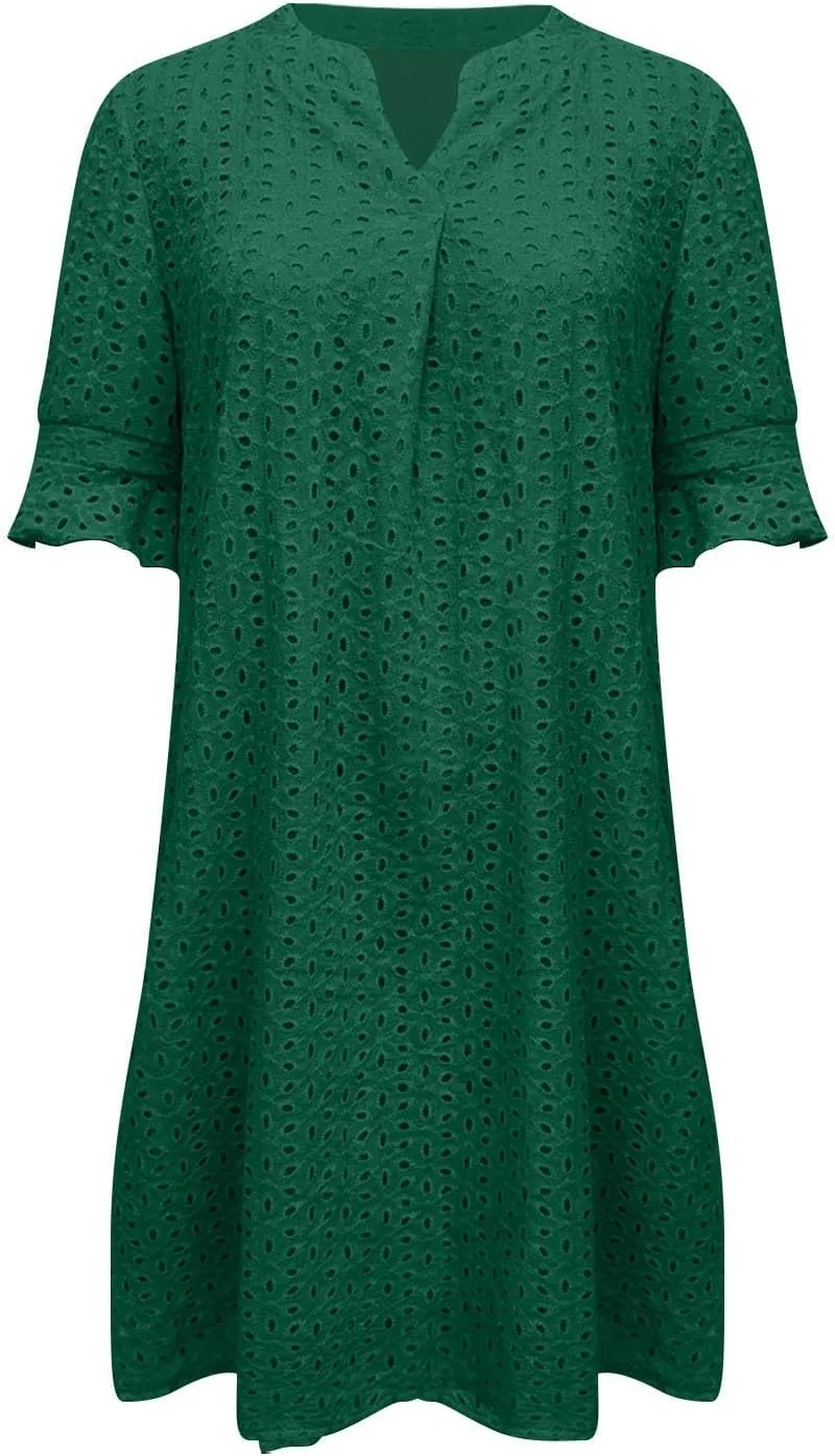 Boho Summer Dresses for Women 2025 Resort V Neck Short Sleeve Hollow Out Lace Ruffle Casual Beach Mini Vacation Dress