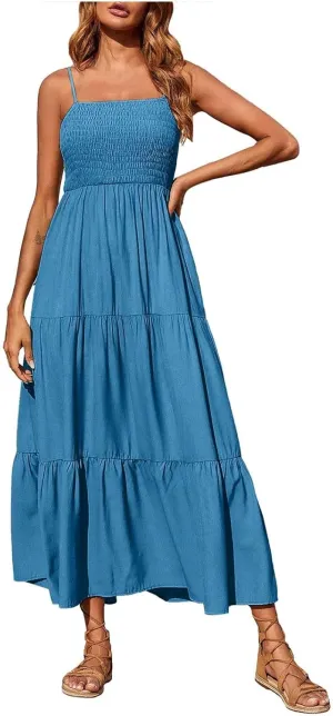 Boho Summer Dresses for Women Casual Ruched Maxi Dress Sleeveless Square Neck Cami Dresses Flowy Tiered Sundress