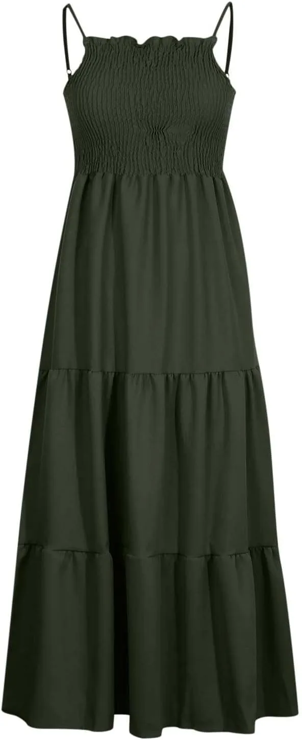 Boho Summer Dresses for Women Casual Ruched Maxi Dress Sleeveless Square Neck Cami Dresses Flowy Tiered Sundress