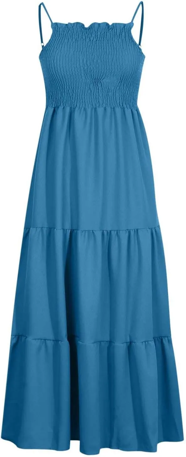 Boho Summer Dresses for Women Casual Ruched Maxi Dress Sleeveless Square Neck Cami Dresses Flowy Tiered Sundress
