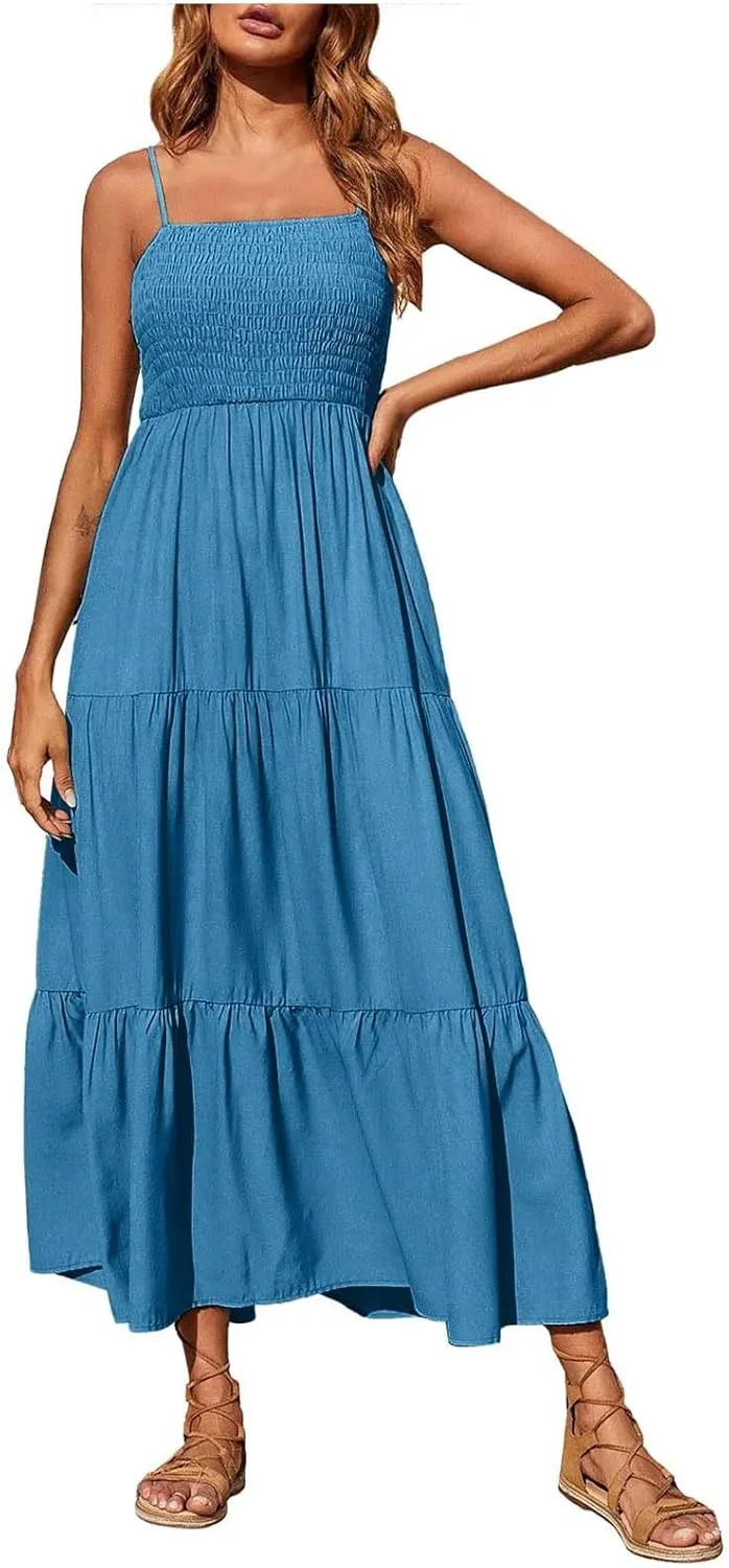 Boho Summer Dresses for Women Casual Ruched Maxi Dress Sleeveless Square Neck Cami Dresses Flowy Tiered Sundress