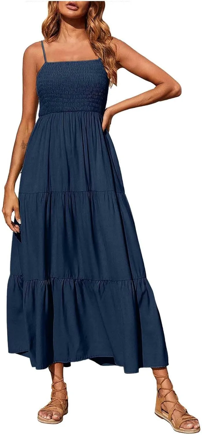 Boho Summer Dresses for Women Casual Ruched Maxi Dress Sleeveless Square Neck Cami Dresses Flowy Tiered Sundress