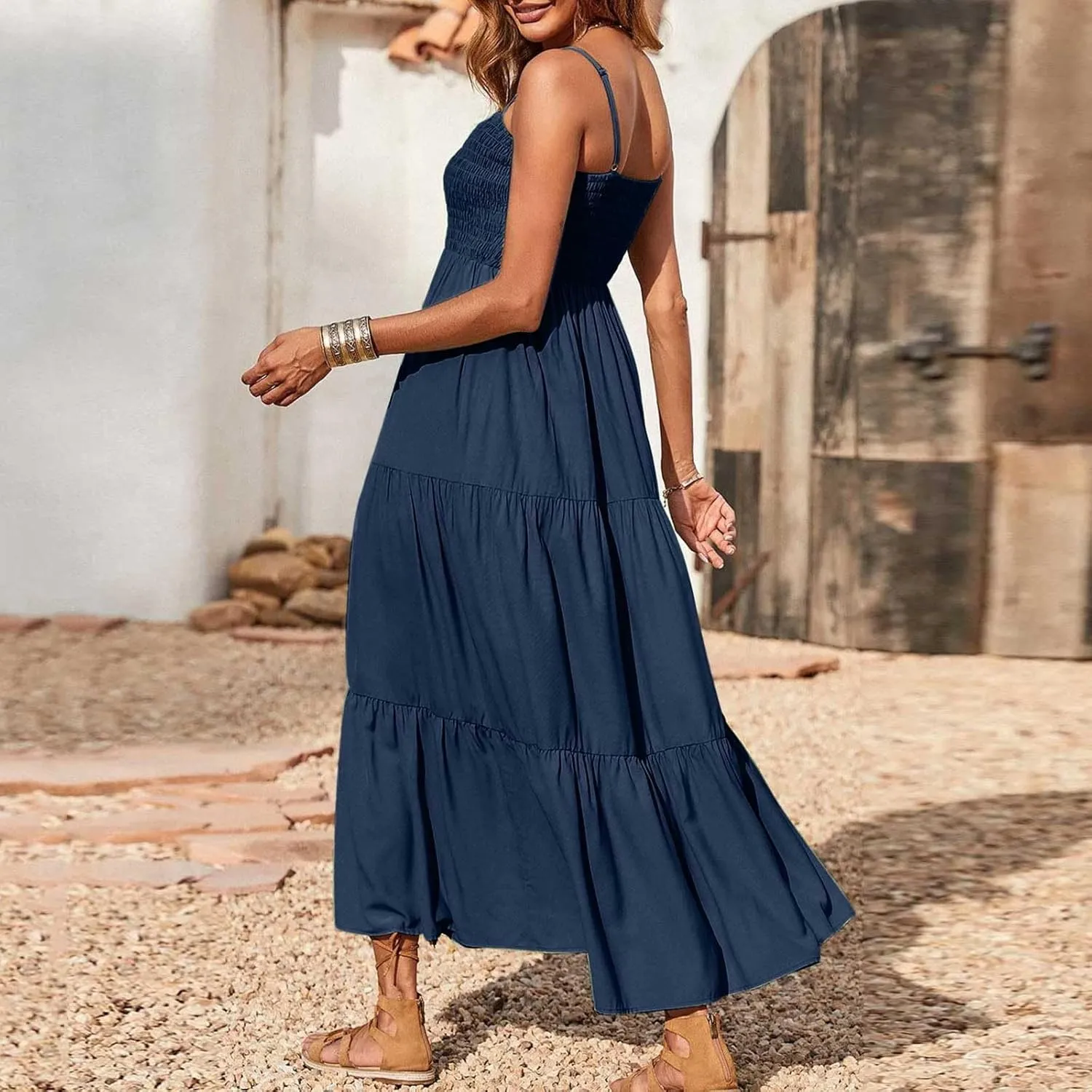 Boho Summer Dresses for Women Casual Ruched Maxi Dress Sleeveless Square Neck Cami Dresses Flowy Tiered Sundress