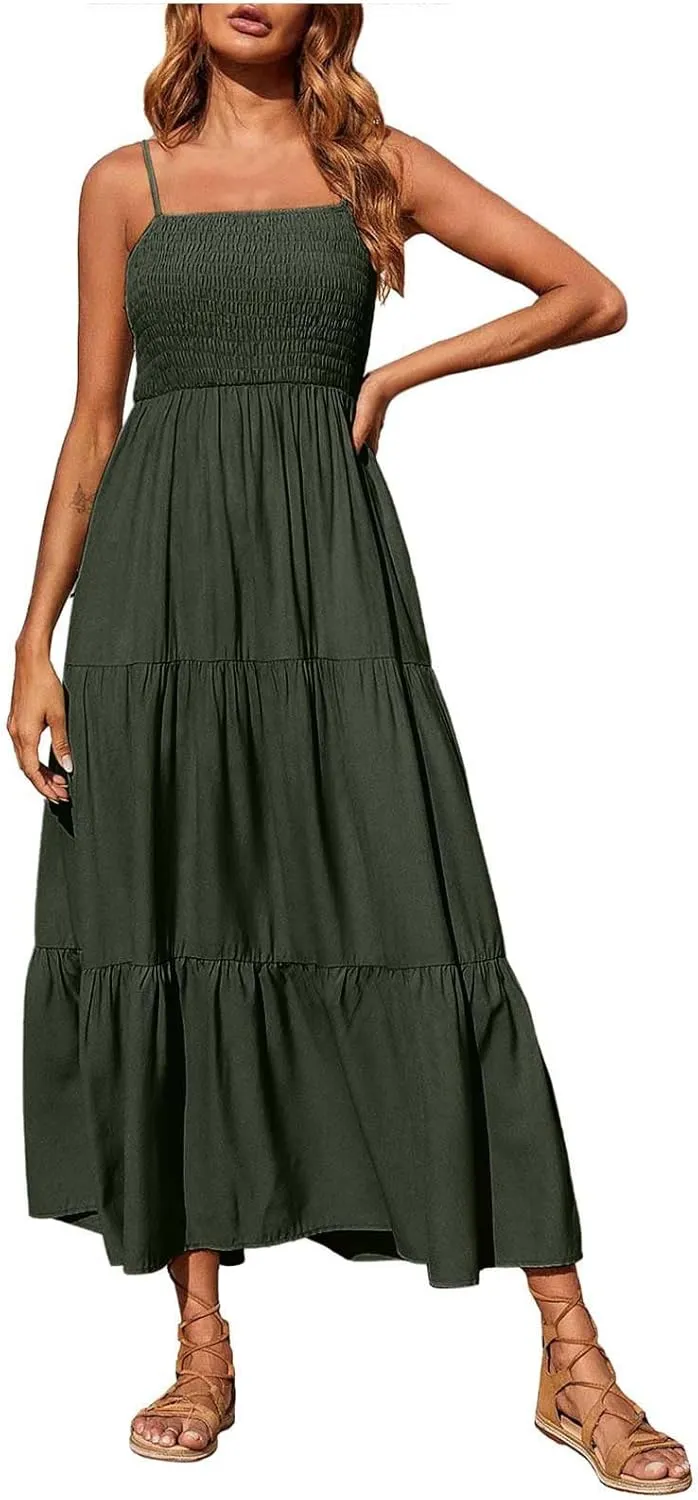 Boho Summer Dresses for Women Casual Ruched Maxi Dress Sleeveless Square Neck Cami Dresses Flowy Tiered Sundress