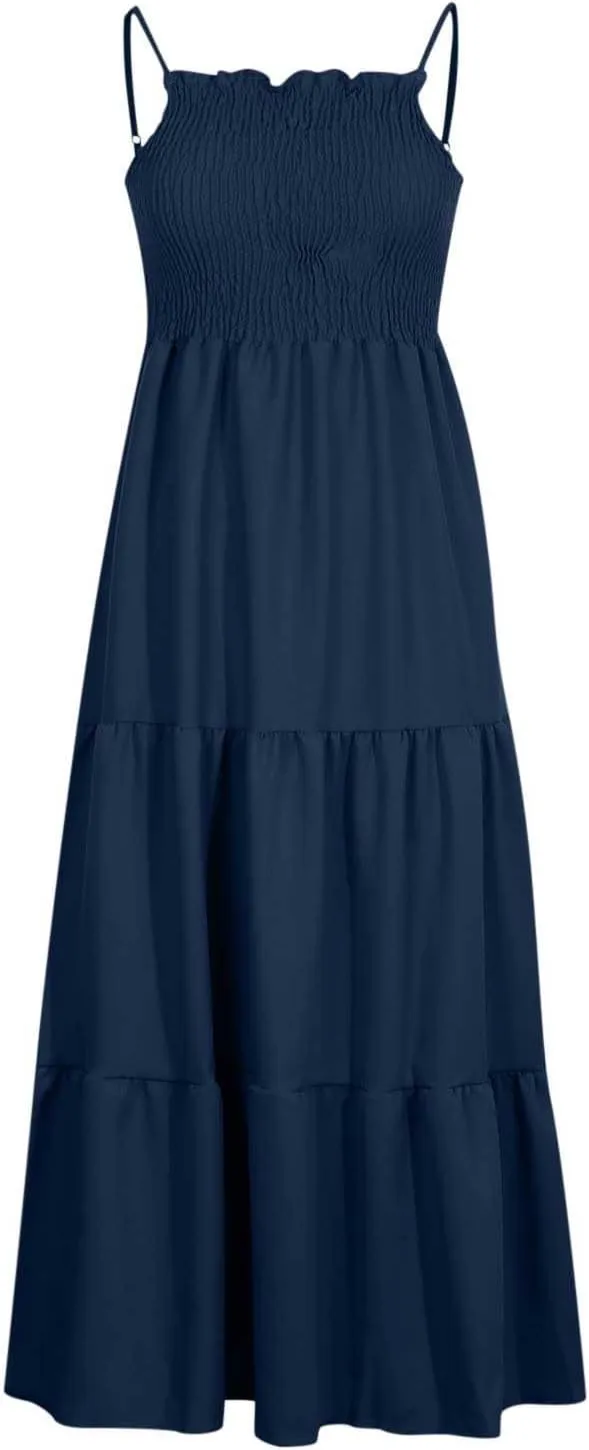 Boho Summer Dresses for Women Casual Ruched Maxi Dress Sleeveless Square Neck Cami Dresses Flowy Tiered Sundress
