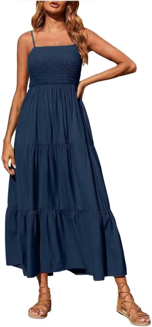 Boho Summer Dresses for Women Casual Ruched Maxi Dress Sleeveless Square Neck Cami Dresses Flowy Tiered Sundress