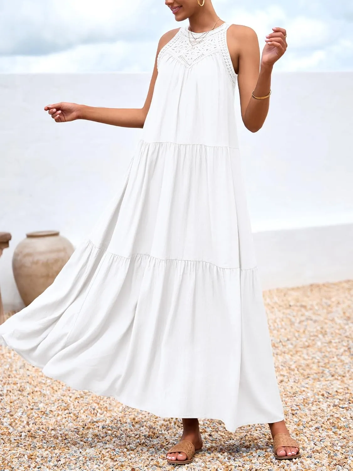 BTFBM Summer Halter Dresses for Women 2025 Casual Spring Hollow Out Sleeveless Boho Sundresses Beach Vacation Maxi Dress