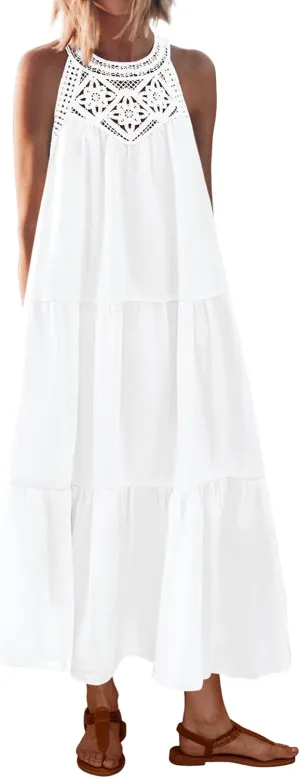 BTFBM Summer Halter Dresses for Women 2025 Casual Spring Hollow Out Sleeveless Boho Sundresses Beach Vacation Maxi Dress