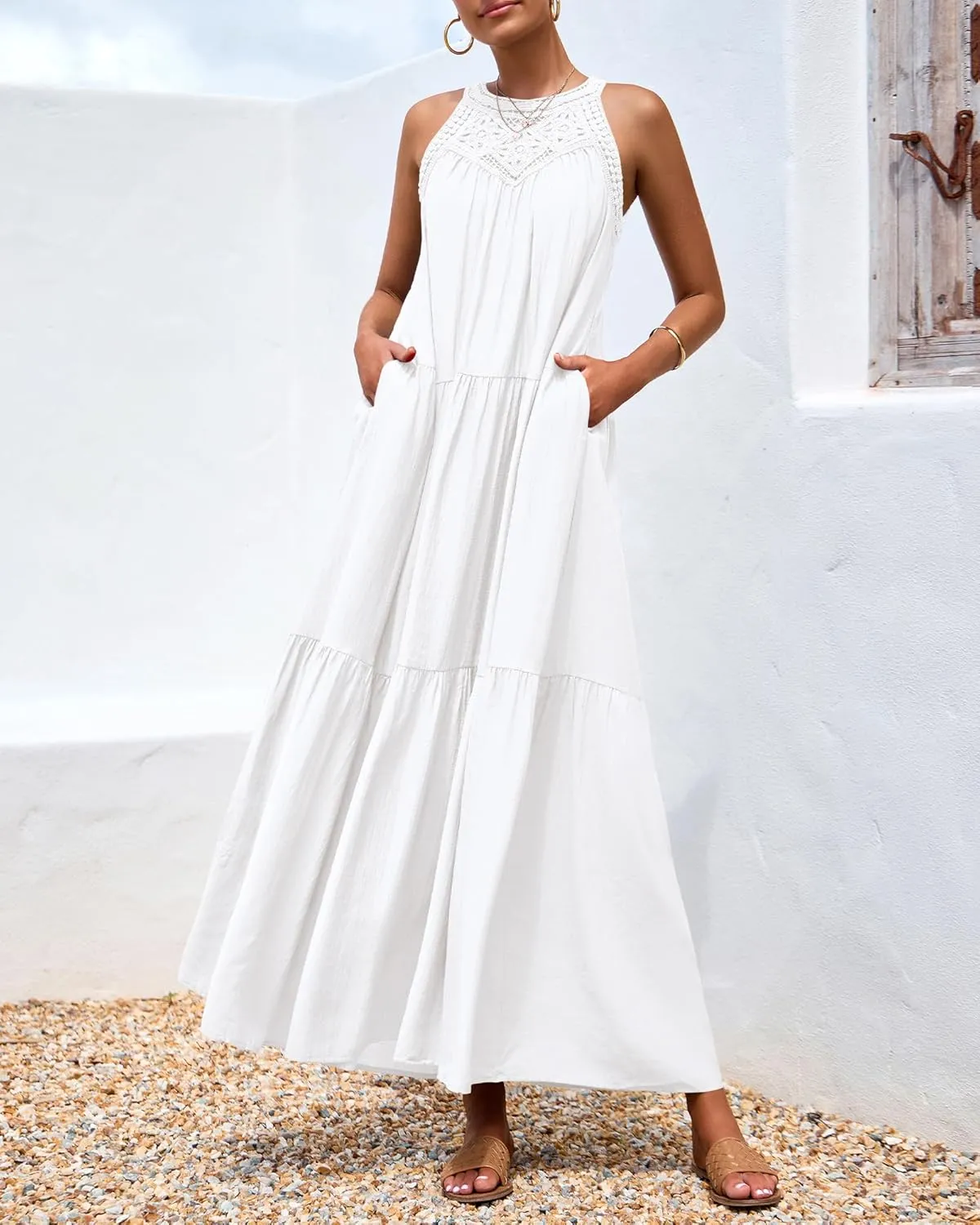 BTFBM Summer Halter Dresses for Women 2025 Casual Spring Hollow Out Sleeveless Boho Sundresses Beach Vacation Maxi Dress