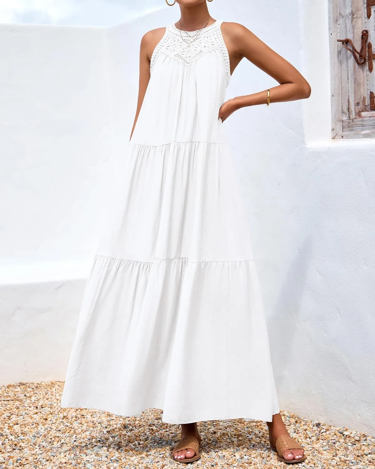 BTFBM Summer Halter Dresses for Women 2025 Casual Spring Hollow Out Sleeveless Boho Sundresses Beach Vacation Maxi Dress