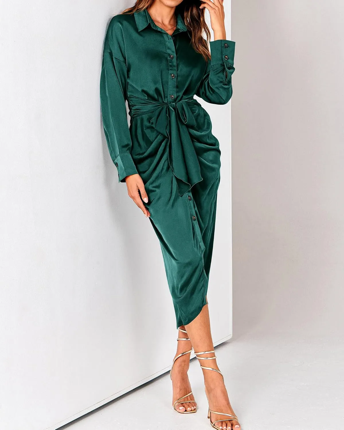BTFBM Women Long Sleeve Satin Dress 2025 Summer Spring Lapel V Neck Button Down Elegant Belted Ruched Maxi Shirt Dresses