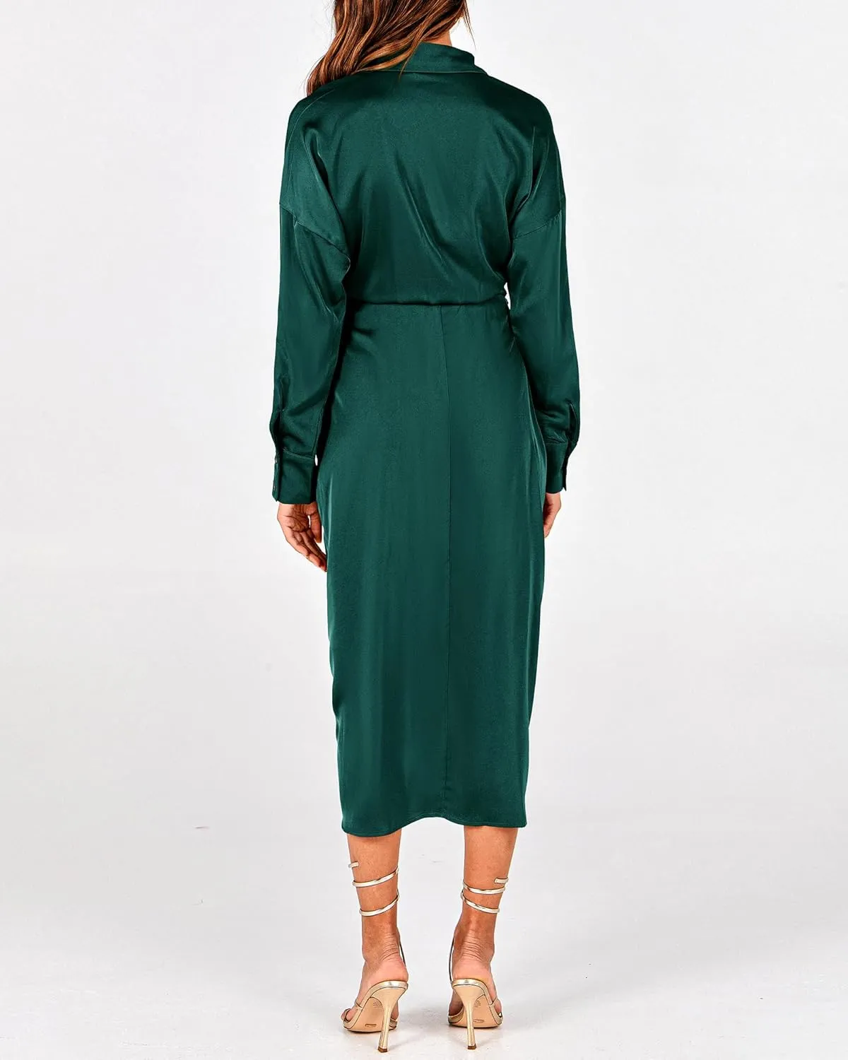 BTFBM Women Long Sleeve Satin Dress 2025 Summer Spring Lapel V Neck Button Down Elegant Belted Ruched Maxi Shirt Dresses