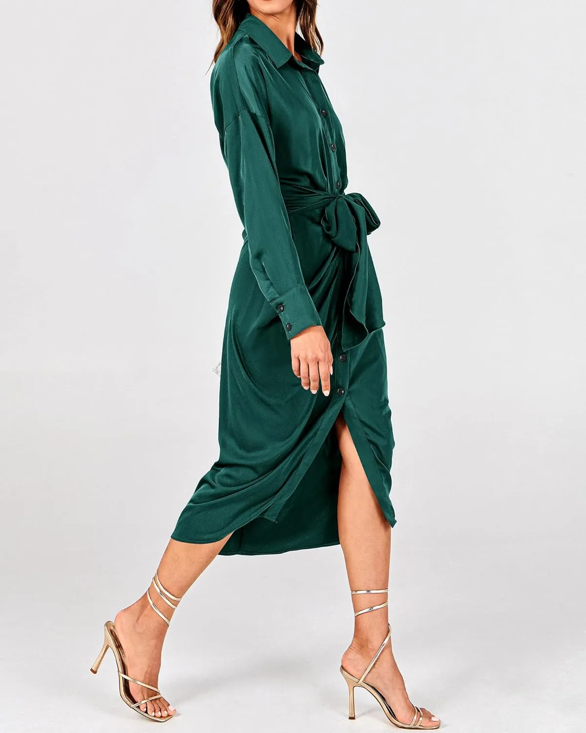 BTFBM Women Long Sleeve Satin Dress 2025 Summer Spring Lapel V Neck Button Down Elegant Belted Ruched Maxi Shirt Dresses