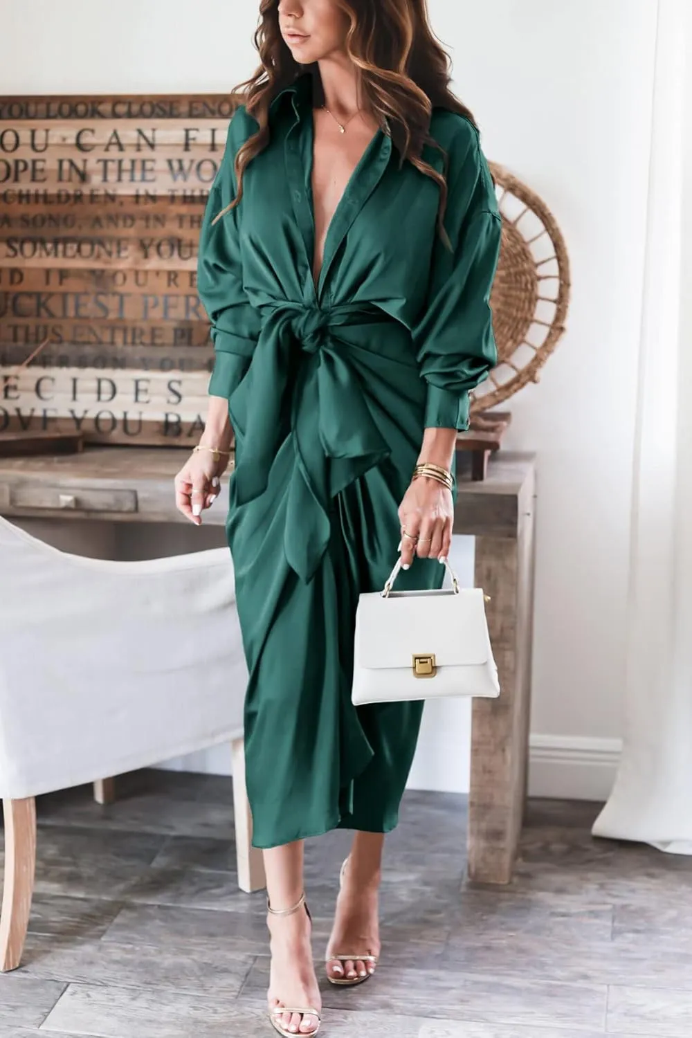 BTFBM Women Long Sleeve Satin Dress 2025 Summer Spring Lapel V Neck Button Down Elegant Belted Ruched Maxi Shirt Dresses
