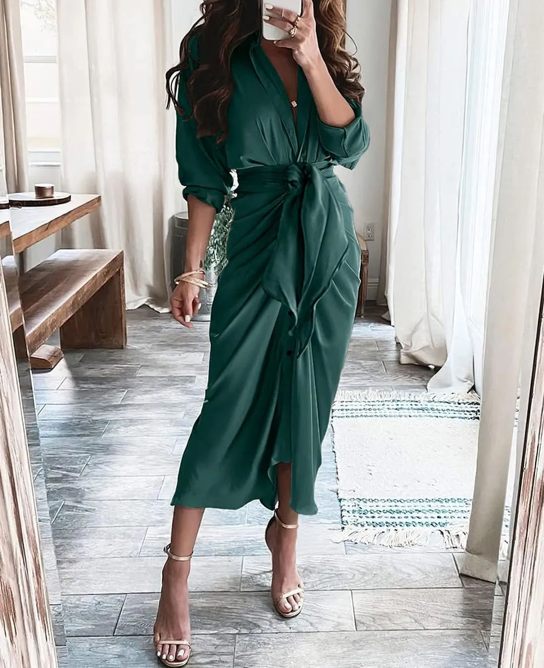 BTFBM Women Long Sleeve Satin Dress 2025 Summer Spring Lapel V Neck Button Down Elegant Belted Ruched Maxi Shirt Dresses