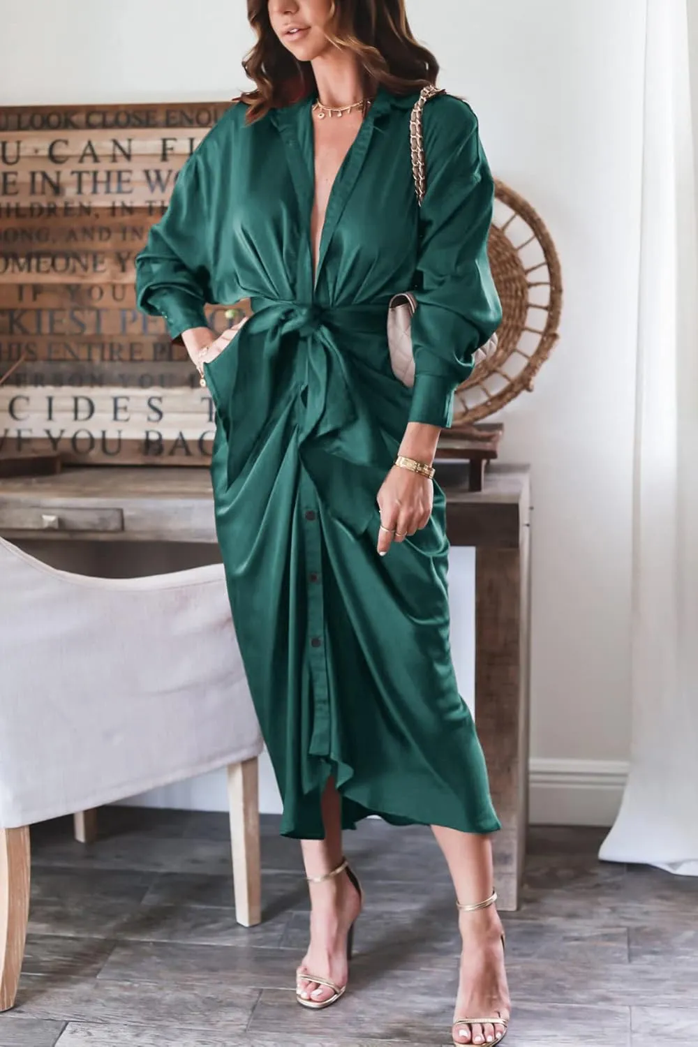 BTFBM Women Long Sleeve Satin Dress 2025 Summer Spring Lapel V Neck Button Down Elegant Belted Ruched Maxi Shirt Dresses