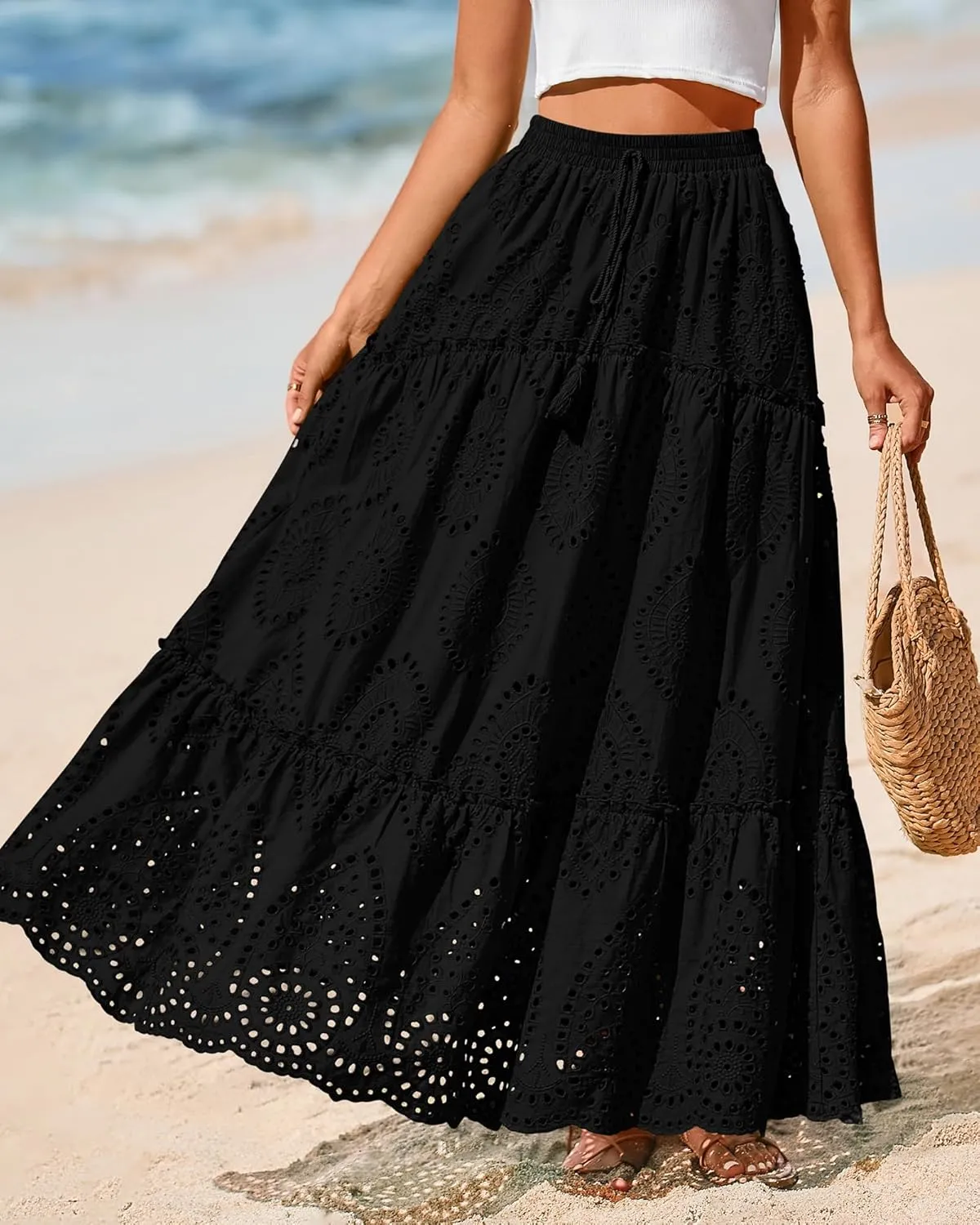 BTFBM Women's Boho Casual Skirts Summer 2025 Lace Embroidery Eyelet Elastic Waist Flowy Tiered A-Line Beach Maxi Skirt