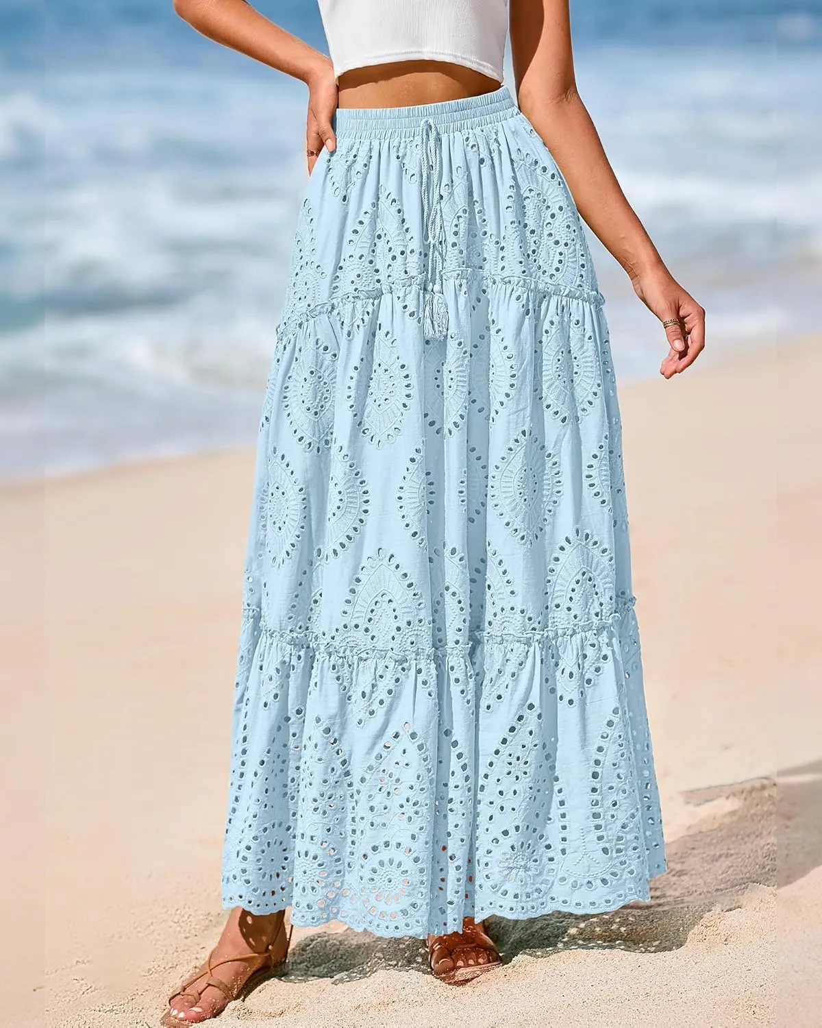 BTFBM Women's Boho Casual Skirts Summer 2025 Lace Embroidery Eyelet Elastic Waist Flowy Tiered A-Line Beach Maxi Skirt