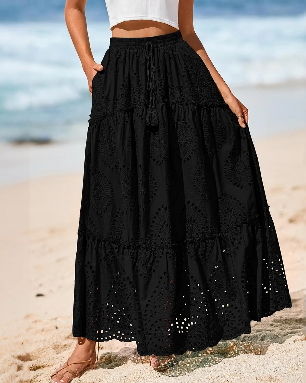 BTFBM Women's Boho Casual Skirts Summer 2025 Lace Embroidery Eyelet Elastic Waist Flowy Tiered A-Line Beach Maxi Skirt