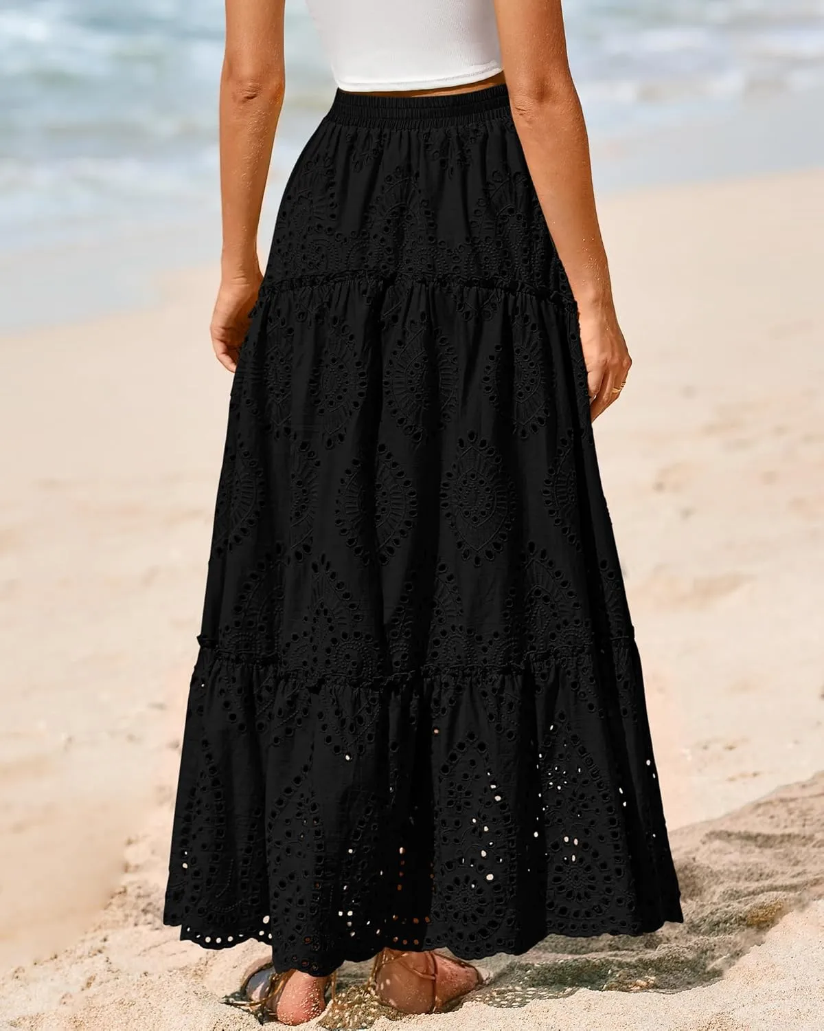 BTFBM Women's Boho Casual Skirts Summer 2025 Lace Embroidery Eyelet Elastic Waist Flowy Tiered A-Line Beach Maxi Skirt
