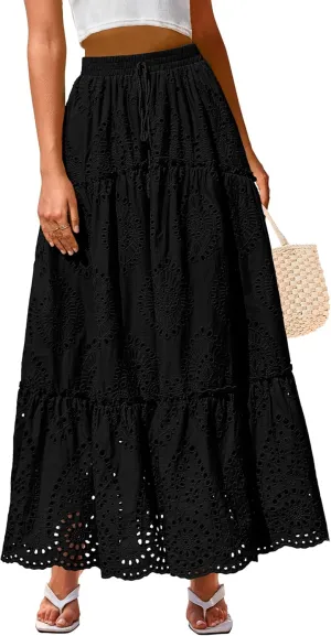 BTFBM Women's Boho Casual Skirts Summer 2025 Lace Embroidery Eyelet Elastic Waist Flowy Tiered A-Line Beach Maxi Skirt