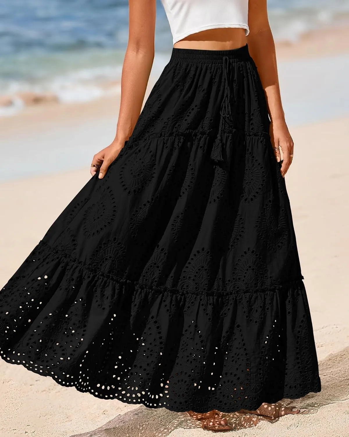 BTFBM Women's Boho Casual Skirts Summer 2025 Lace Embroidery Eyelet Elastic Waist Flowy Tiered A-Line Beach Maxi Skirt
