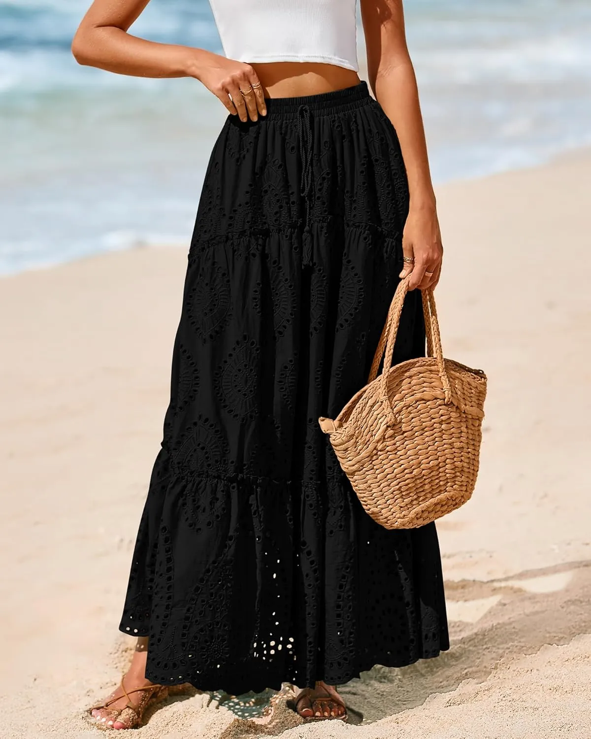 BTFBM Women's Boho Casual Skirts Summer 2025 Lace Embroidery Eyelet Elastic Waist Flowy Tiered A-Line Beach Maxi Skirt