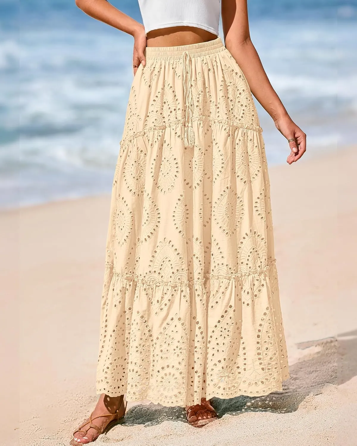 BTFBM Women's Boho Casual Skirts Summer 2025 Lace Embroidery Eyelet Elastic Waist Flowy Tiered A-Line Beach Maxi Skirt