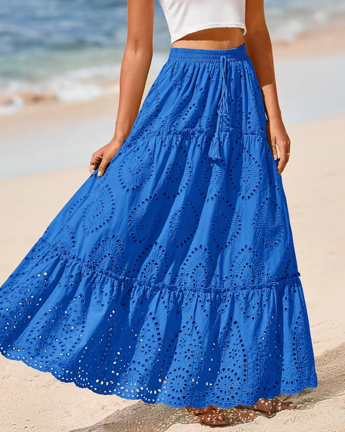 BTFBM Women's Boho Casual Skirts Summer 2025 Lace Embroidery Eyelet Elastic Waist Flowy Tiered A-Line Beach Maxi Skirt