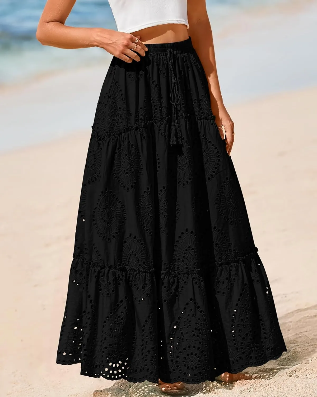 BTFBM Women's Boho Casual Skirts Summer 2025 Lace Embroidery Eyelet Elastic Waist Flowy Tiered A-Line Beach Maxi Skirt