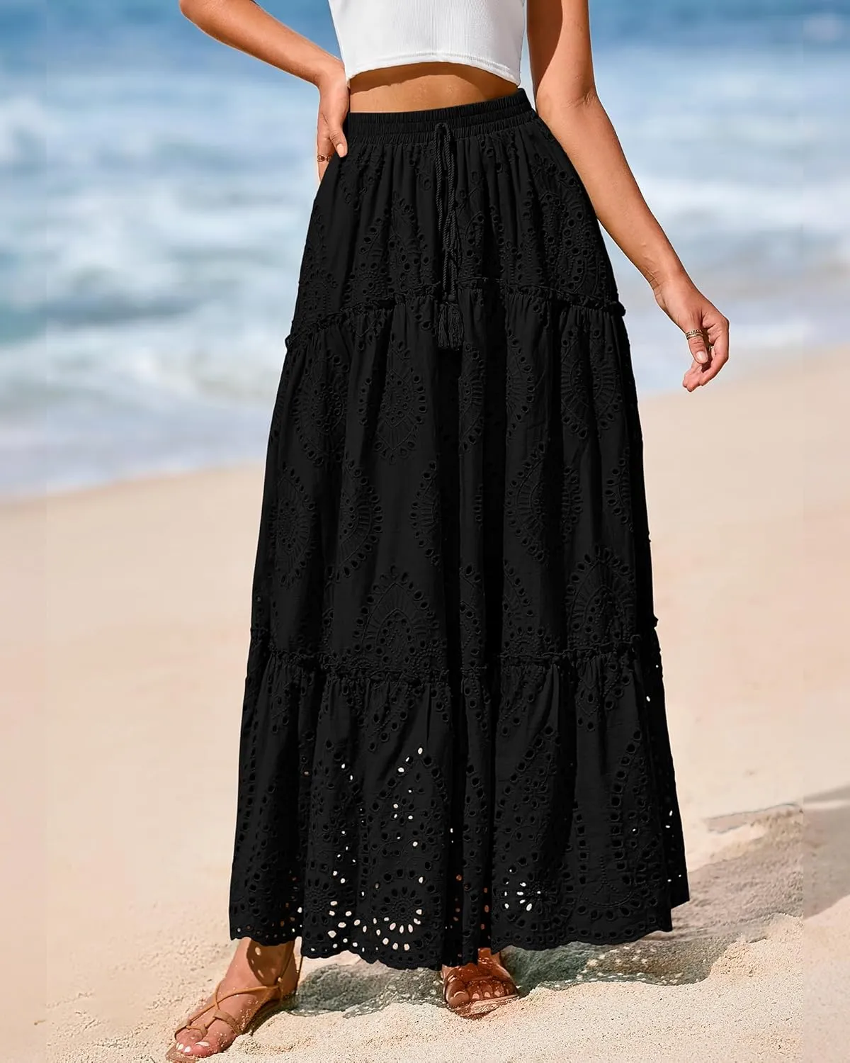 BTFBM Women's Boho Casual Skirts Summer 2025 Lace Embroidery Eyelet Elastic Waist Flowy Tiered A-Line Beach Maxi Skirt