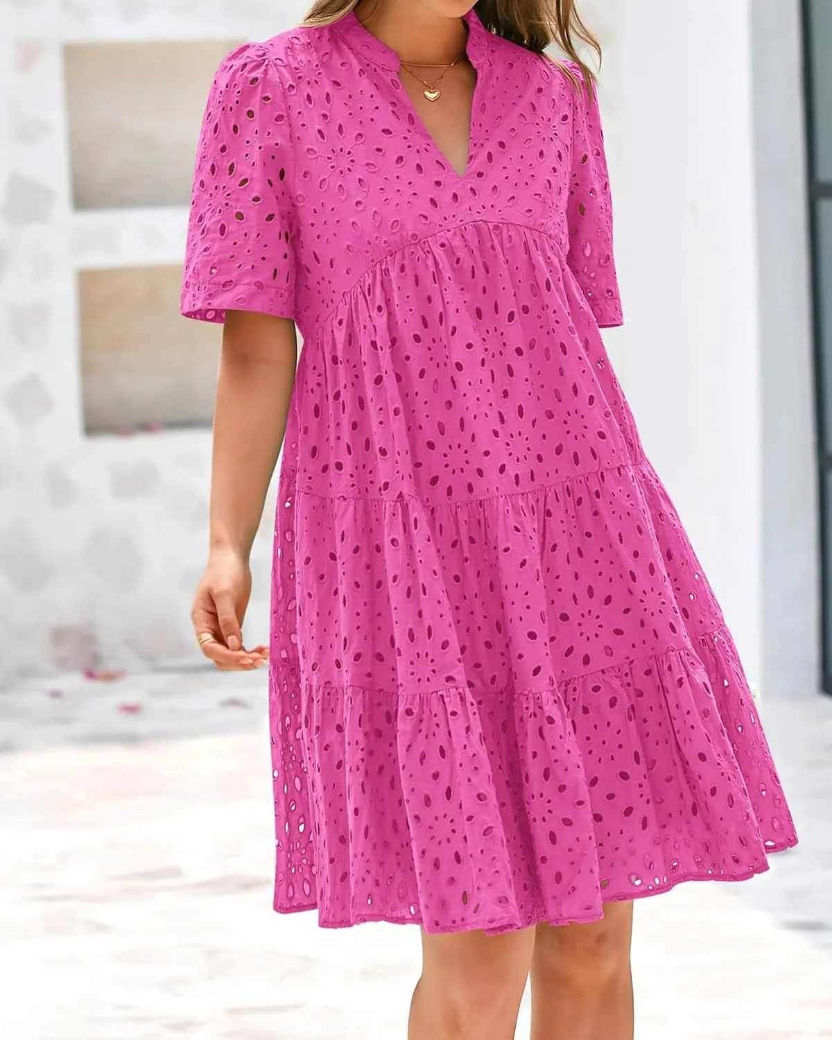 BTFBM Womens Boho Summer Dresses 2025 Resort V Neck Short Sleeve Hollow Out Lace Ruffle Casual Beach Mini Vacation Dress