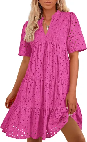 BTFBM Womens Boho Summer Dresses 2025 Resort V Neck Short Sleeve Hollow Out Lace Ruffle Casual Beach Mini Vacation Dress