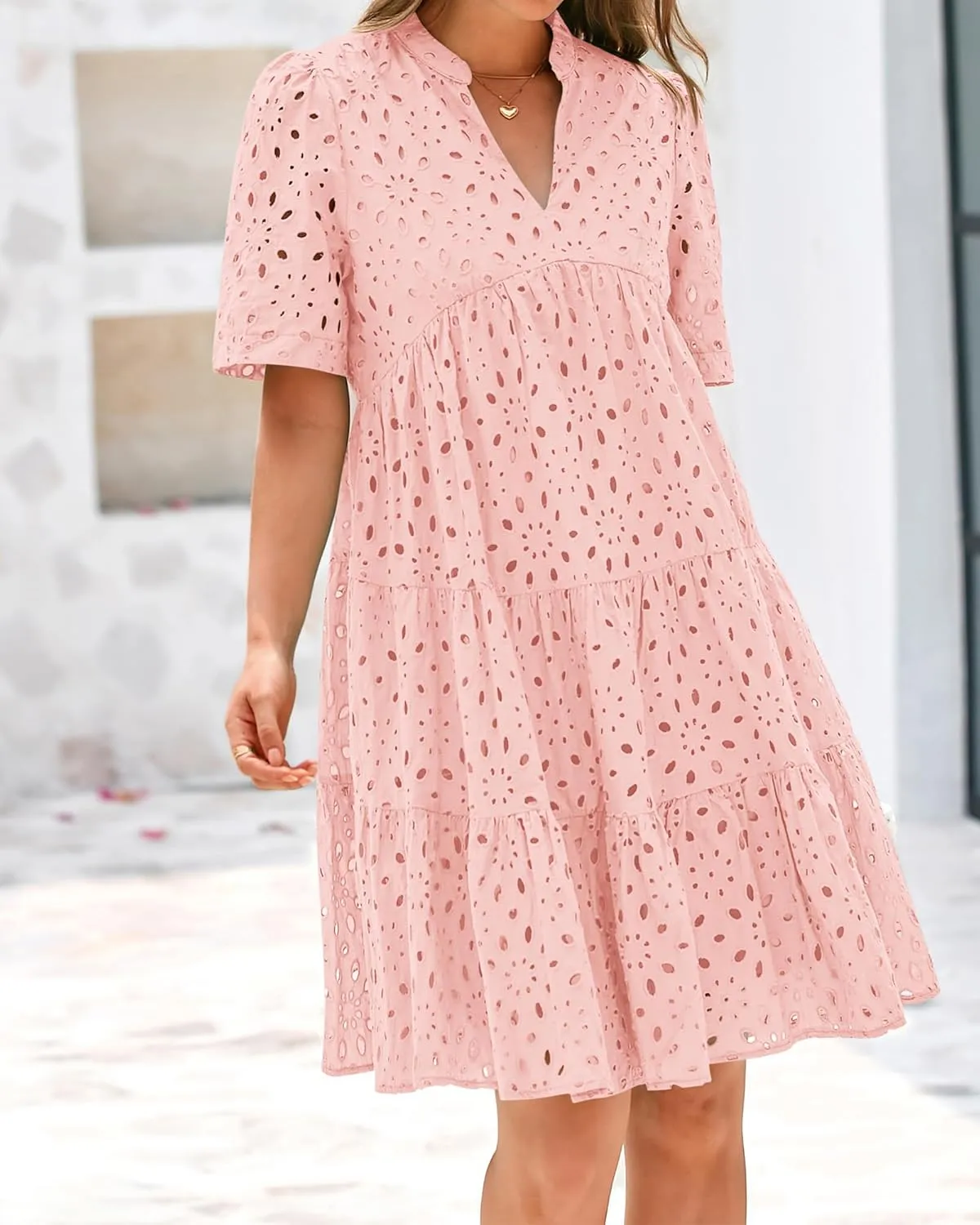 BTFBM Womens Boho Summer Dresses 2025 Resort V Neck Short Sleeve Hollow Out Lace Ruffle Casual Beach Mini Vacation Dress