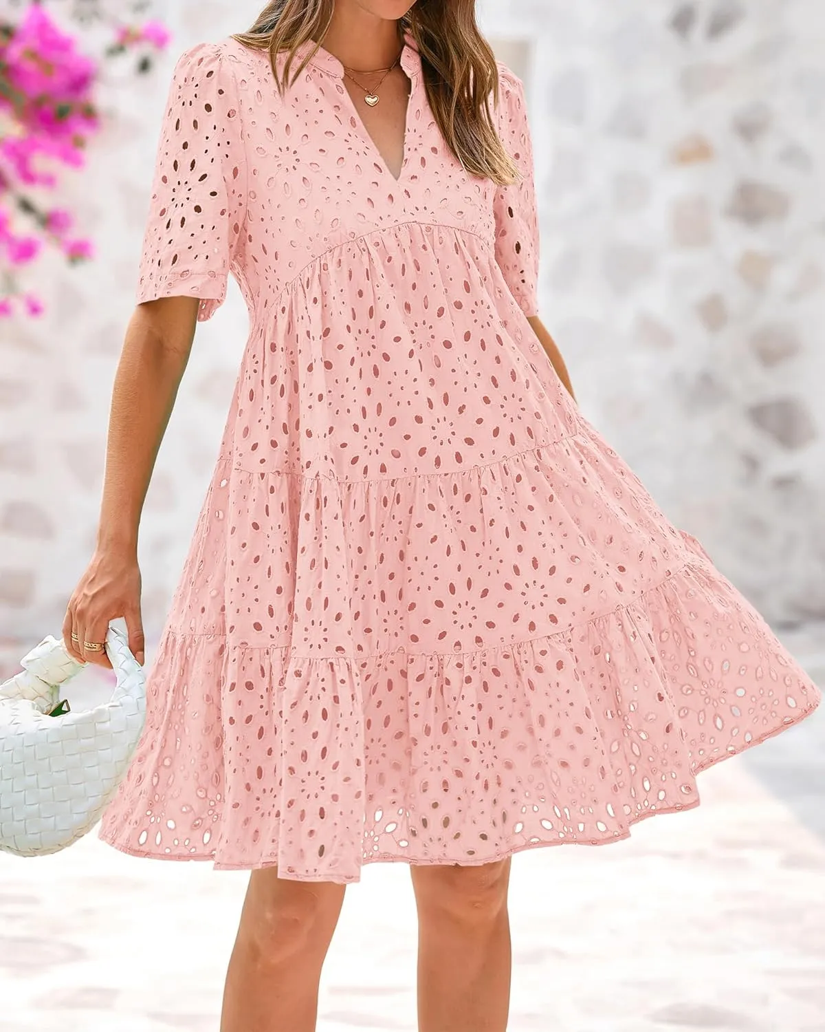 BTFBM Womens Boho Summer Dresses 2025 Resort V Neck Short Sleeve Hollow Out Lace Ruffle Casual Beach Mini Vacation Dress