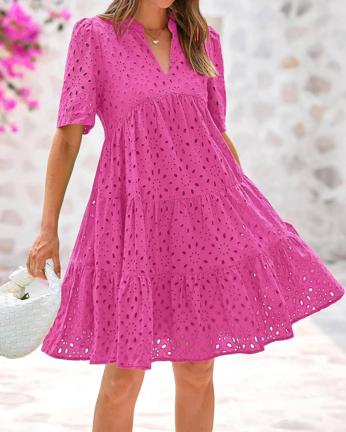 BTFBM Womens Boho Summer Dresses 2025 Resort V Neck Short Sleeve Hollow Out Lace Ruffle Casual Beach Mini Vacation Dress