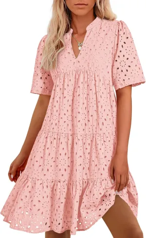 BTFBM Womens Boho Summer Dresses 2025 Resort V Neck Short Sleeve Hollow Out Lace Ruffle Casual Beach Mini Vacation Dress