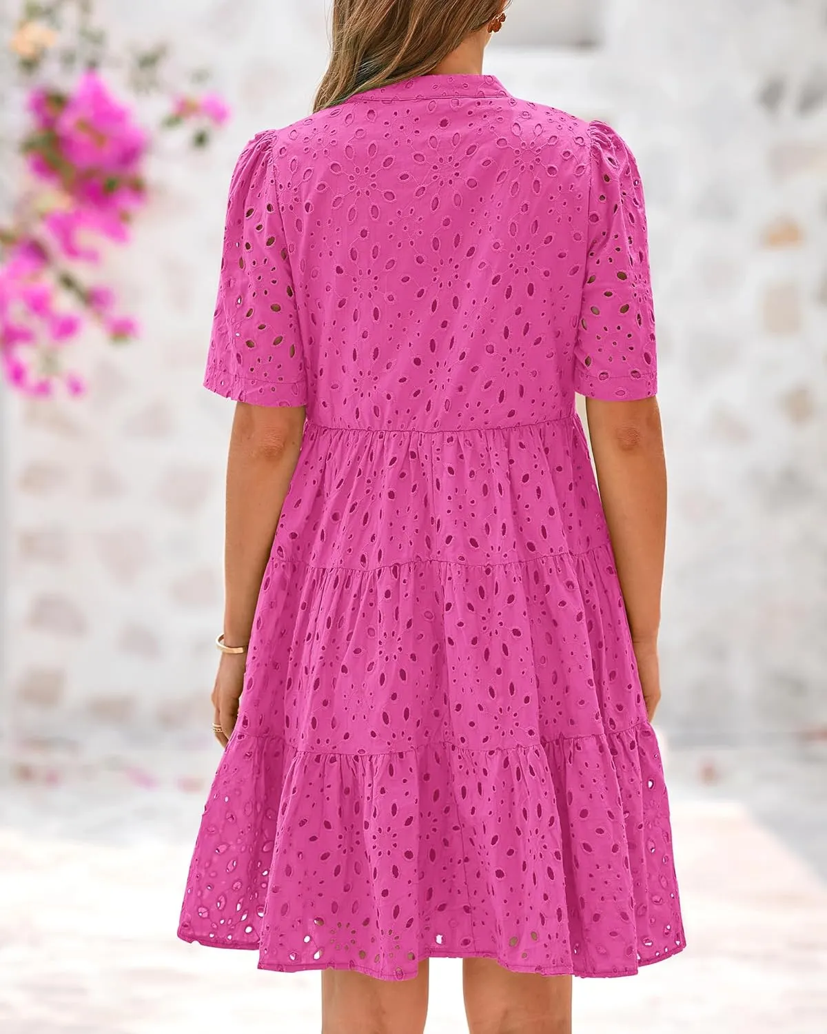 BTFBM Womens Boho Summer Dresses 2025 Resort V Neck Short Sleeve Hollow Out Lace Ruffle Casual Beach Mini Vacation Dress
